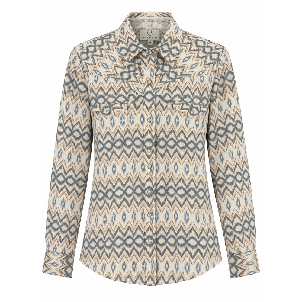 Roper Womens M Blue Tan Geometric Ikat Western Pearl Snap Shirt Long Sleeve Top